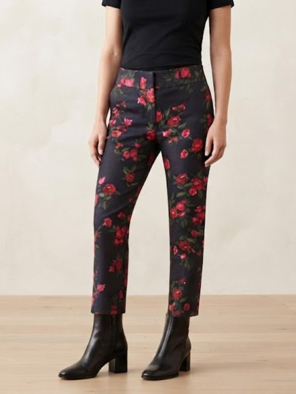 Talbots Black with Red Floral Print Straight-Leg Pants